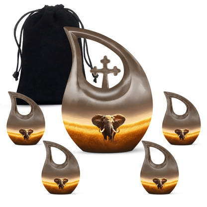 Champagne Gold Elephant Cremation Urn urn with complimentary velvet bag - sacred cross merged with elephant motif on metal - memorial set with one large and four small urns