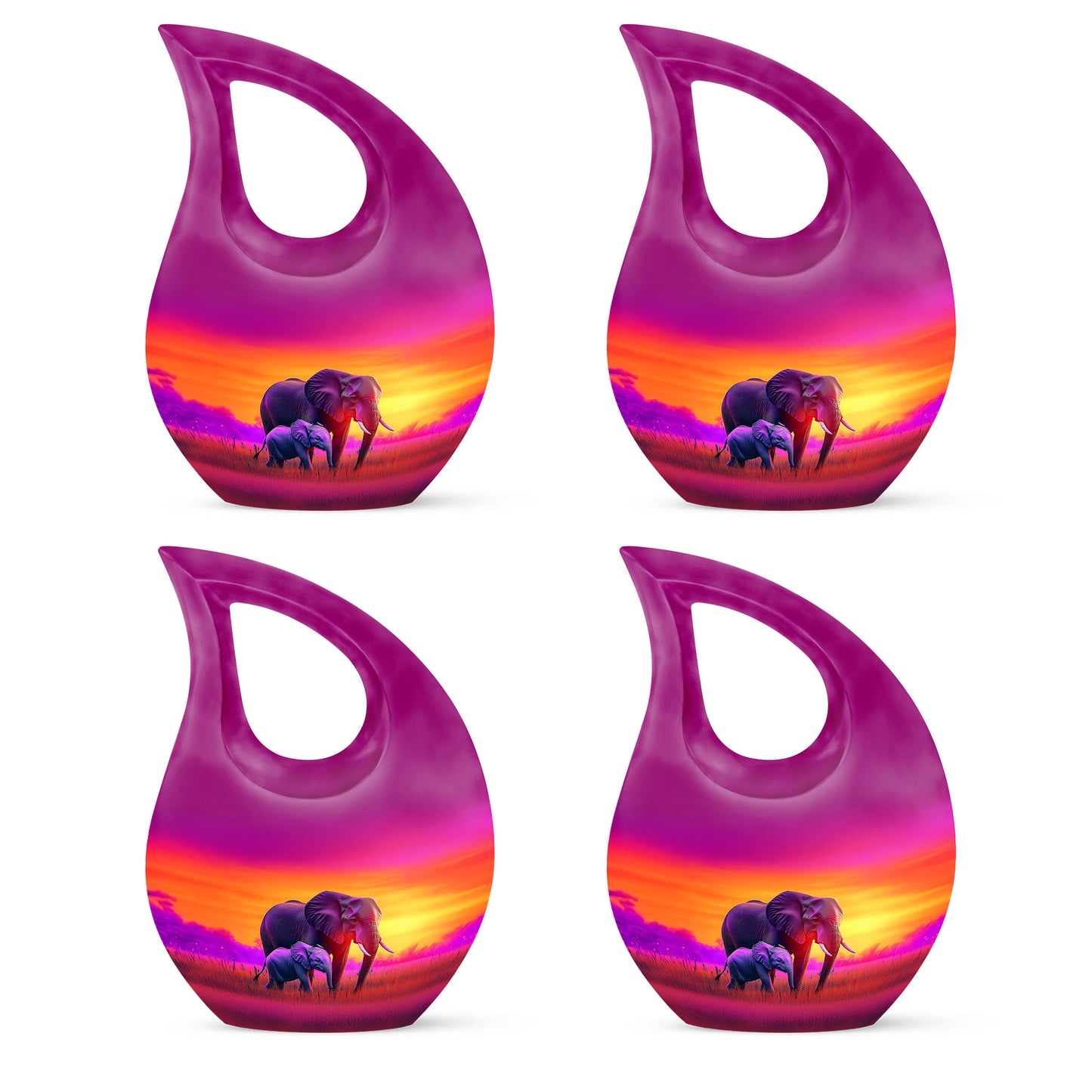 Pastel Pink Elephant Cremation Urn lifestyle display on memorial shelf - sacred cross merged with elephant motif on metal - 10 inch aluminum urn for cremated remains