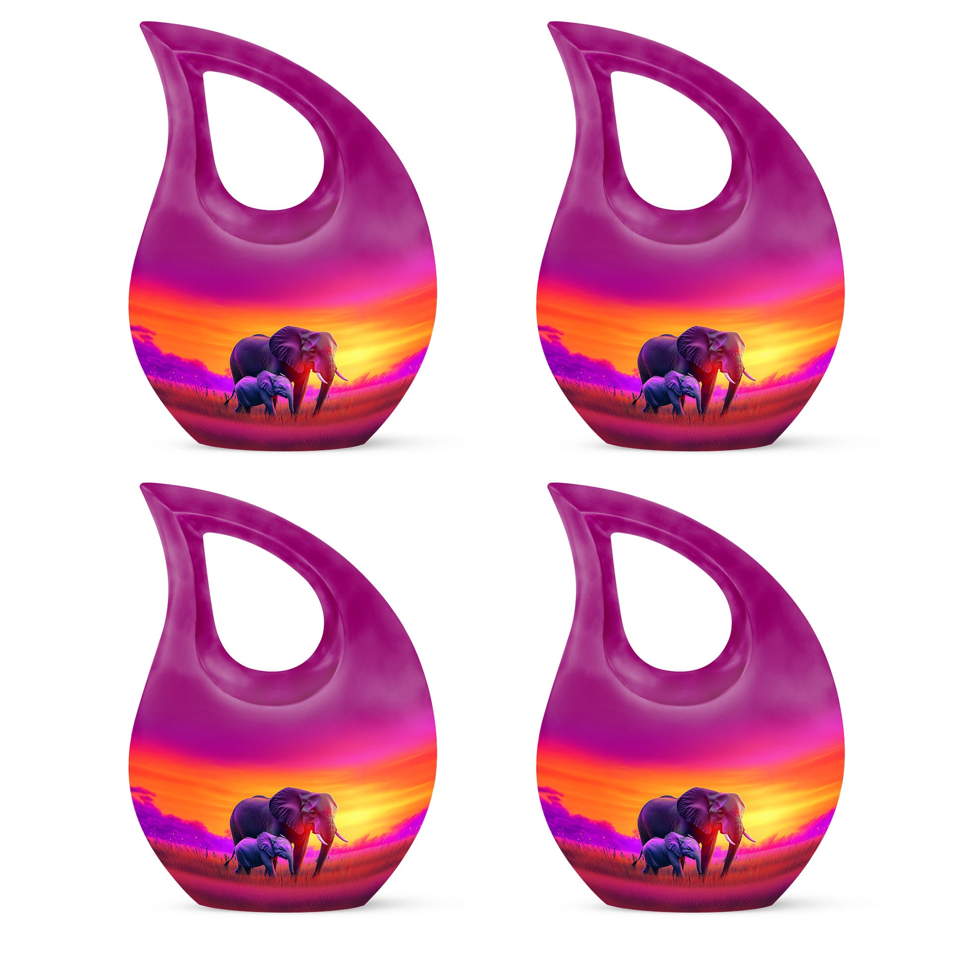 Pastel Pink Elephant Cremation Urn lifestyle display on memorial shelf - sacred cross merged with elephant motif on metal - 10 inch aluminum urn for cremated remains