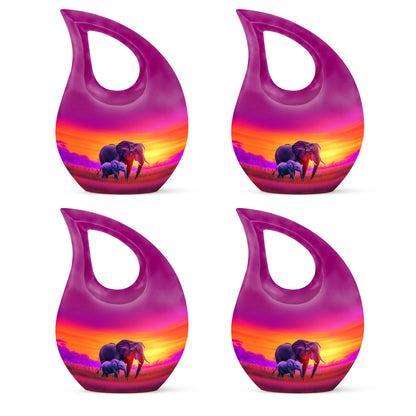 Pastel Pink Elephant Cremation Urn lifestyle display on memorial shelf - sacred cross merged with elephant motif on metal - 10 inch aluminum urn for cremated remains