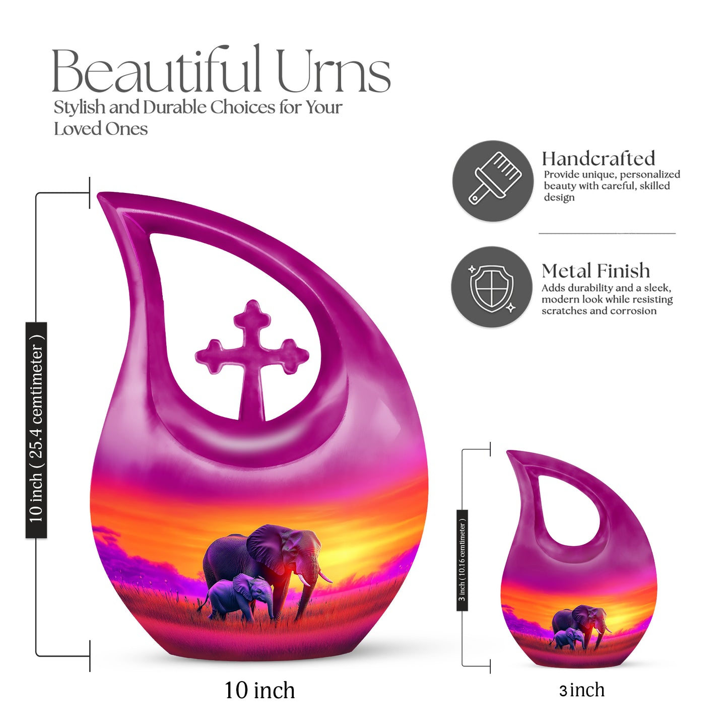 Rose Pink Elephant Cremation Urn back view with polished surface - cross and elephant combined in spiritual memorial design - mini keepsake memorial for portion of cremation ashes