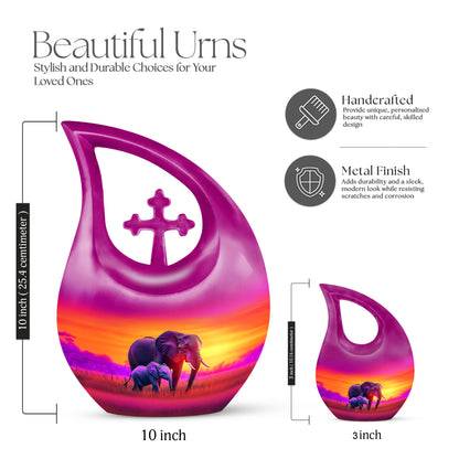 Rose Pink Elephant Cremation Urn back view with polished surface - cross and elephant combined in spiritual memorial design - mini keepsake memorial for portion of cremation ashes