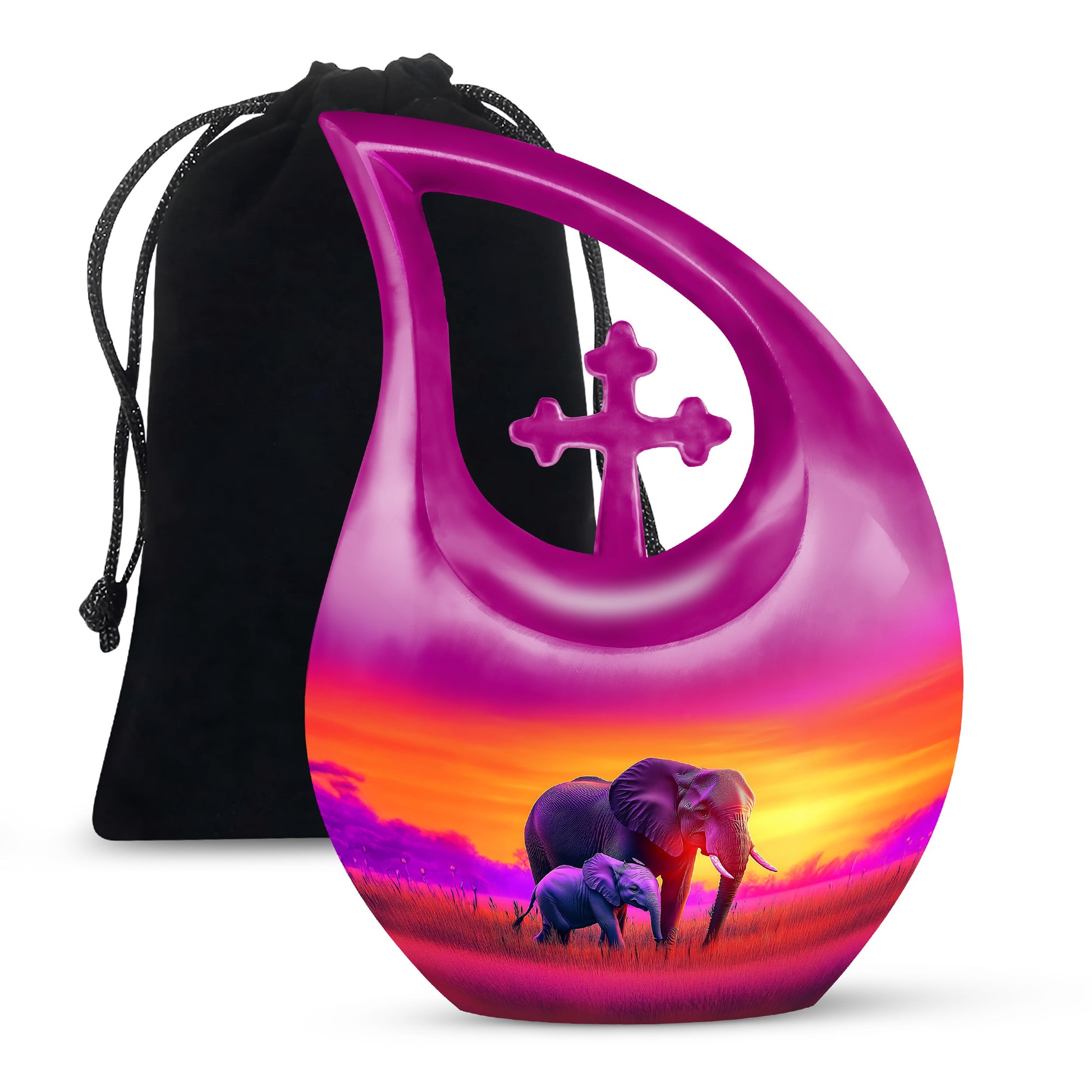 Salmon Pink Elephant Cremation Urn top-down view of secure threaded lid - devotional cross-drop elephant engraving - full-size 10 inch 200 cubic inch adult cremation urn