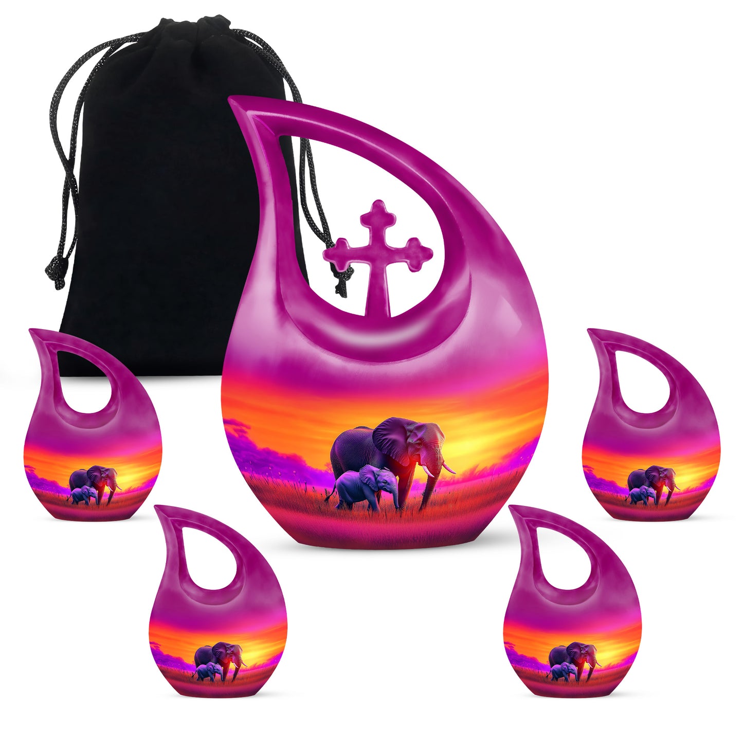 Petal Pink Elephant Cremation Urn urn with complimentary velvet bag - devotional cross-drop elephant engraving - memorial set with one large and four small urns