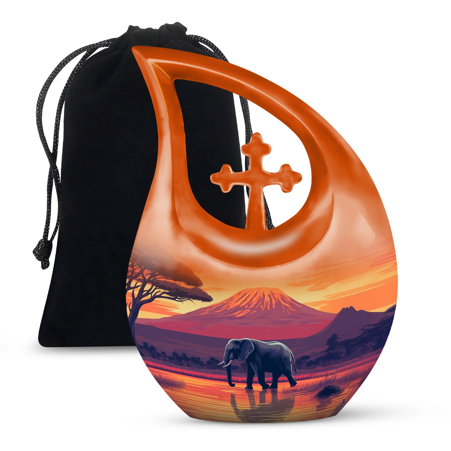 Harvest Gold Elephant Cremation Urn top-down view of secure threaded lid - devotional cross-drop elephant engraving - full-size 10 inch 200 cubic inch adult cremation urn