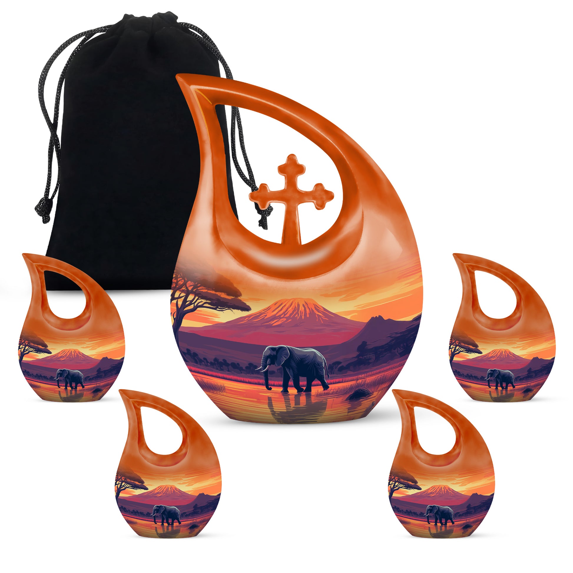 Burnished Gold Elephant Cremation Urn urn with complimentary velvet bag - faith-inspired cross-drop urn with elephant pattern - memorial set with one large and four small urns