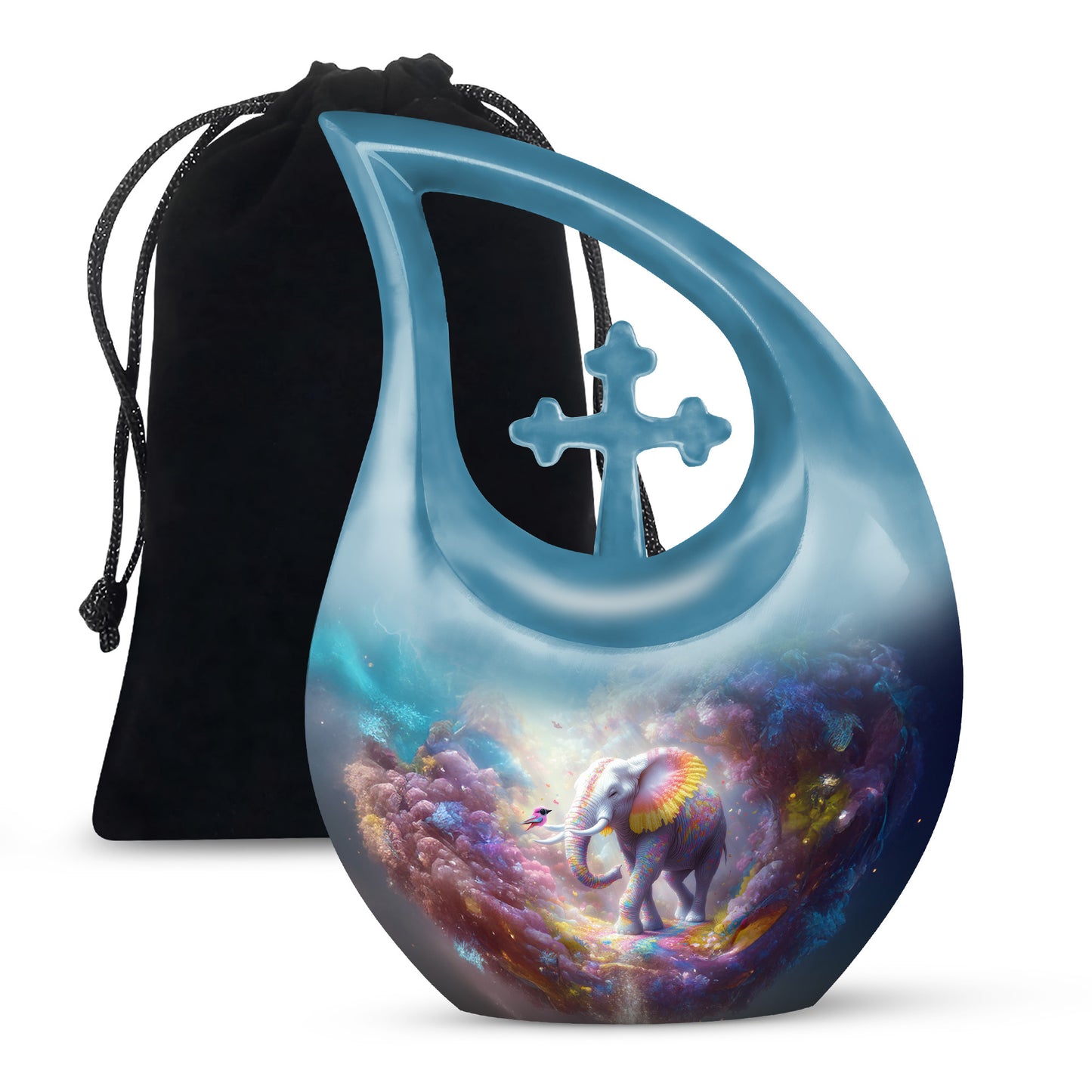 Slate Blue Elephant Cremation Urn top-down view of secure threaded lid - cross and elephant combined in spiritual memorial design - full-size 10 inch 200 cubic inch adult cremation urn