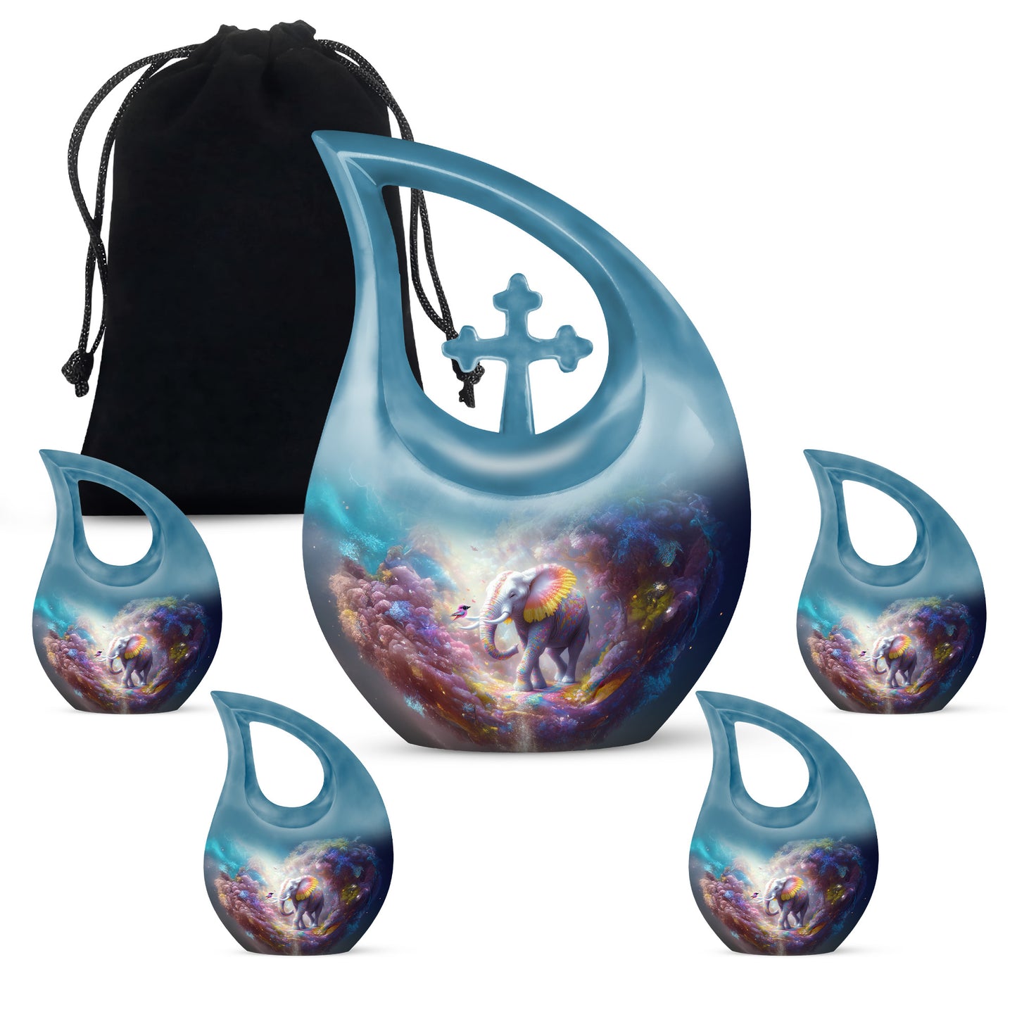 Dusty Blue Elephant Cremation Urn urn with complimentary velvet bag - sacred cross merged with elephant motif on metal - memorial set with one large and four small urns