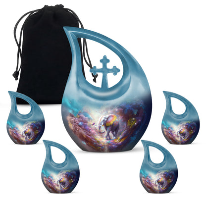 Dusty Blue Elephant Cremation Urn urn with complimentary velvet bag - sacred cross merged with elephant motif on metal - memorial set with one large and four small urns