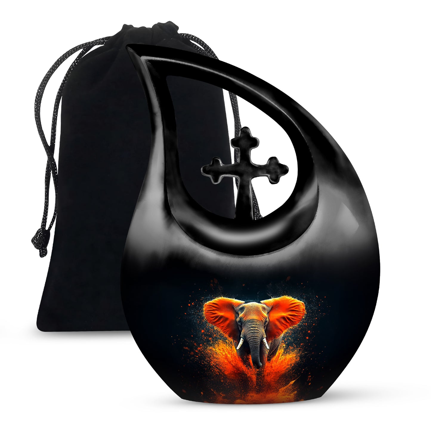 Ebony Elephant Cremation Urn top-down view of secure threaded lid - sacred cross merged with elephant motif on metal - full-size 10 inch 200 cubic inch adult cremation urn