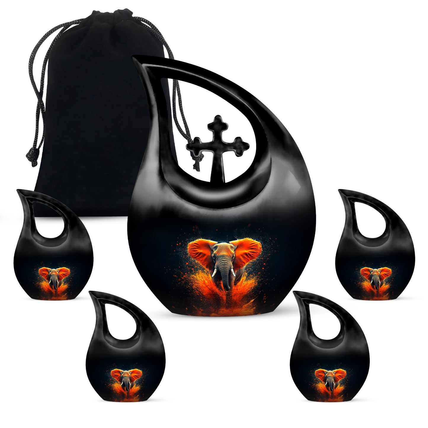 Onyx Black Elephant Cremation Urn urn with complimentary velvet bag - faith-inspired cross-drop urn with elephant pattern - memorial set with one large and four small urns