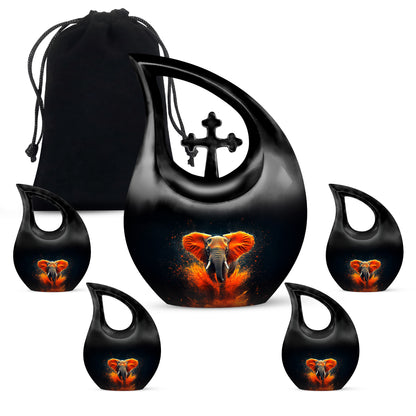 Onyx Black Elephant Cremation Urn urn with complimentary velvet bag - faith-inspired cross-drop urn with elephant pattern - memorial set with one large and four small urns