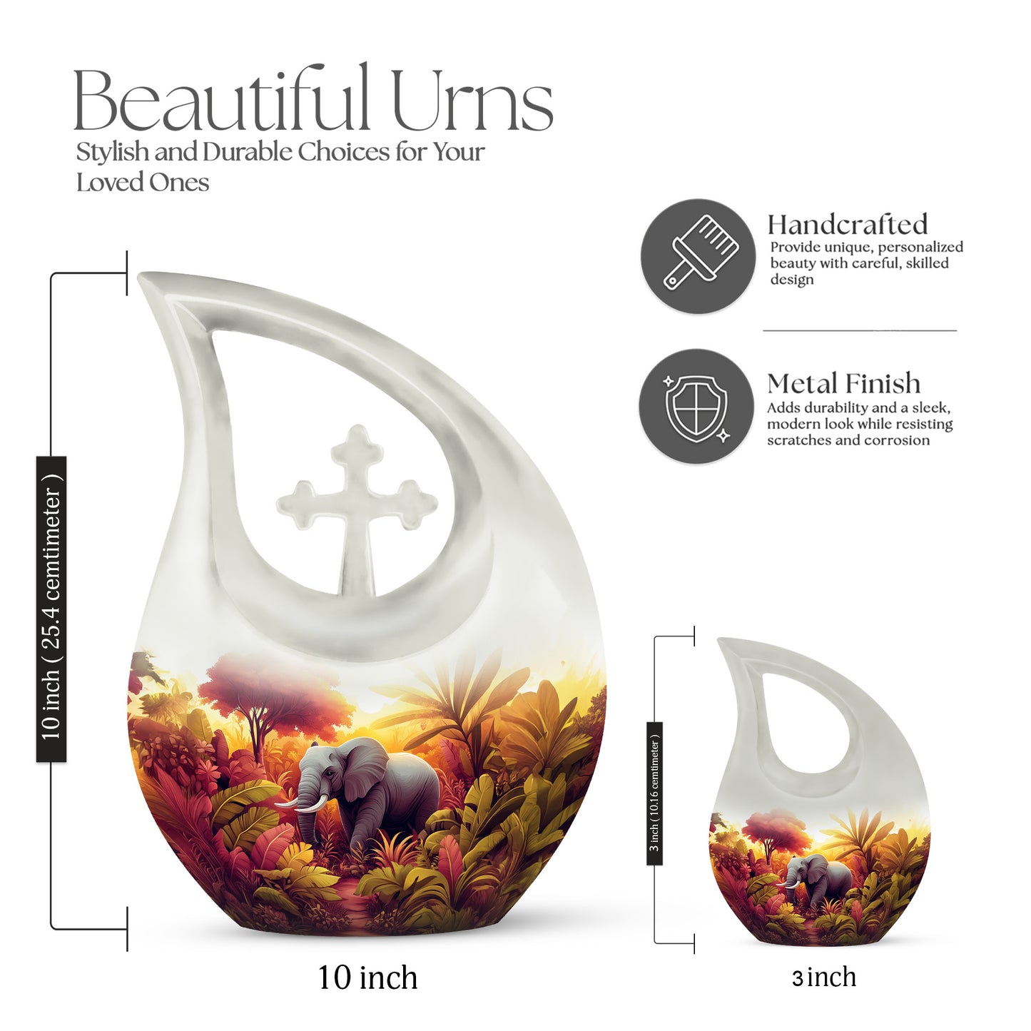 Frosted Silver Elephant Cremation Urn back view with polished surface - devotional cross-drop elephant engraving - mini keepsake memorial for portion of cremation ashes