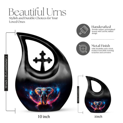 Deep Black Elephant Cremation Urn back view with polished surface - cross and elephant combined in spiritual memorial design - mini keepsake memorial for portion of cremation ashes