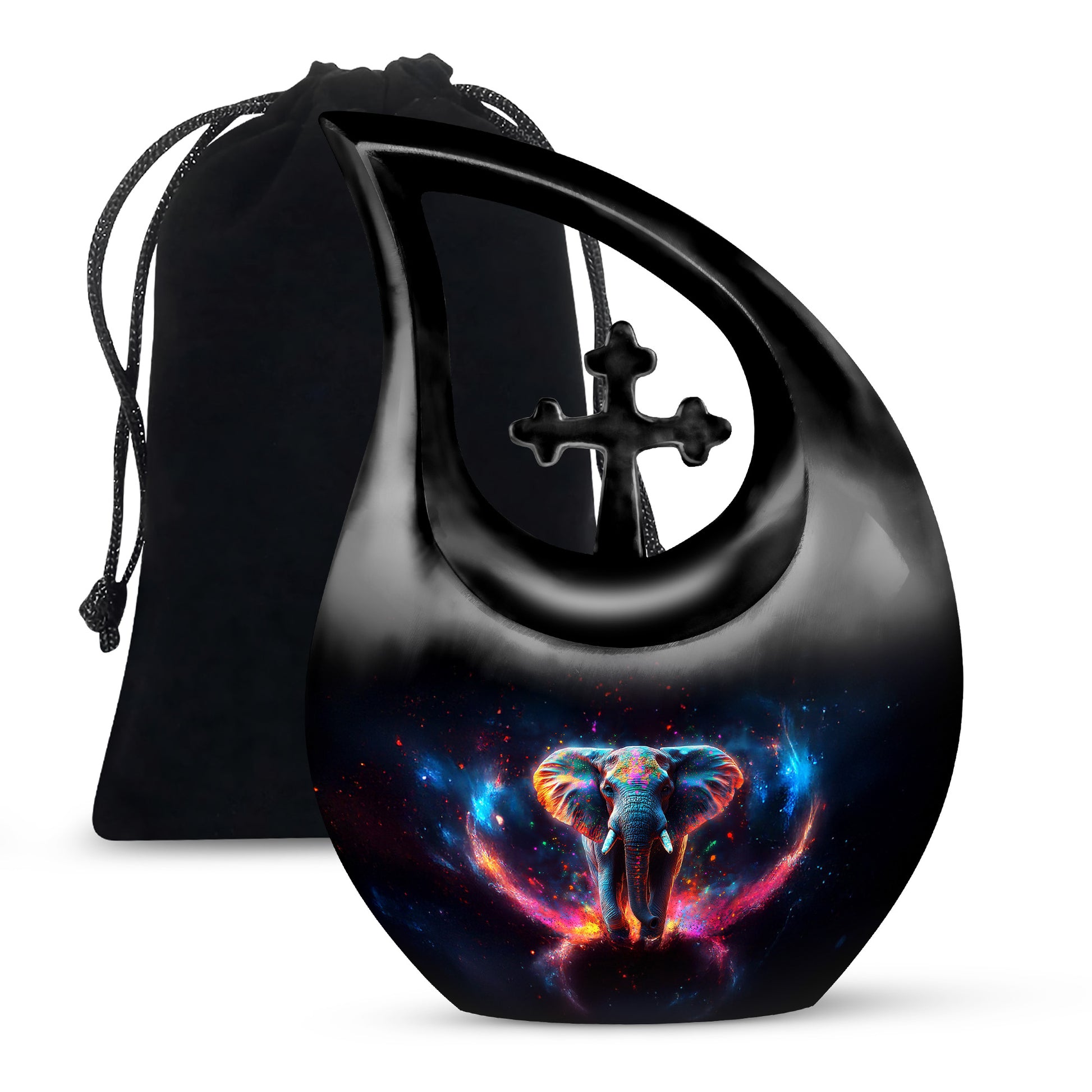 Rich Black Elephant Cremation Urn top-down view of secure threaded lid - cross and elephant combined in spiritual memorial design - full-size 10 inch 200 cubic inch adult cremation urn