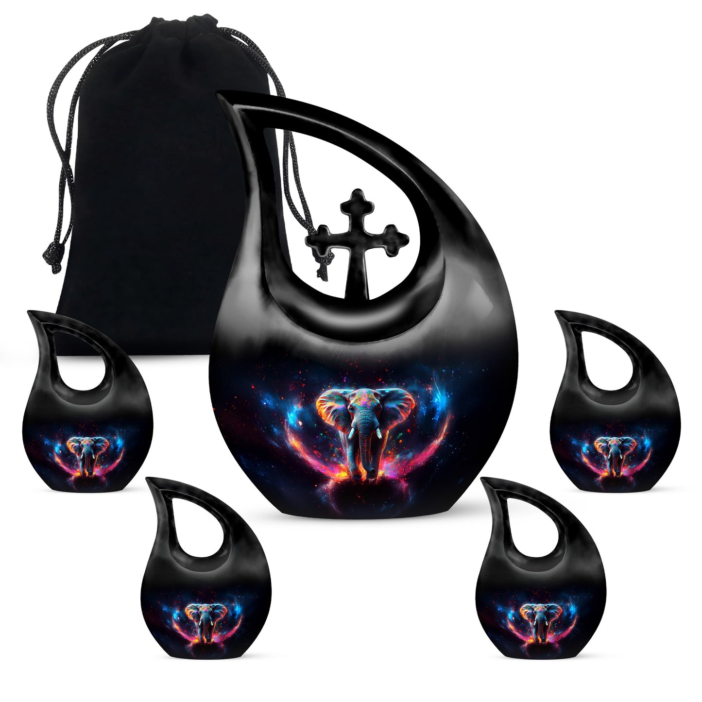 Ebony Elephant Cremation Urn urn with complimentary velvet bag - cross and elephant combined in spiritual memorial design - memorial set with one large and four small urns