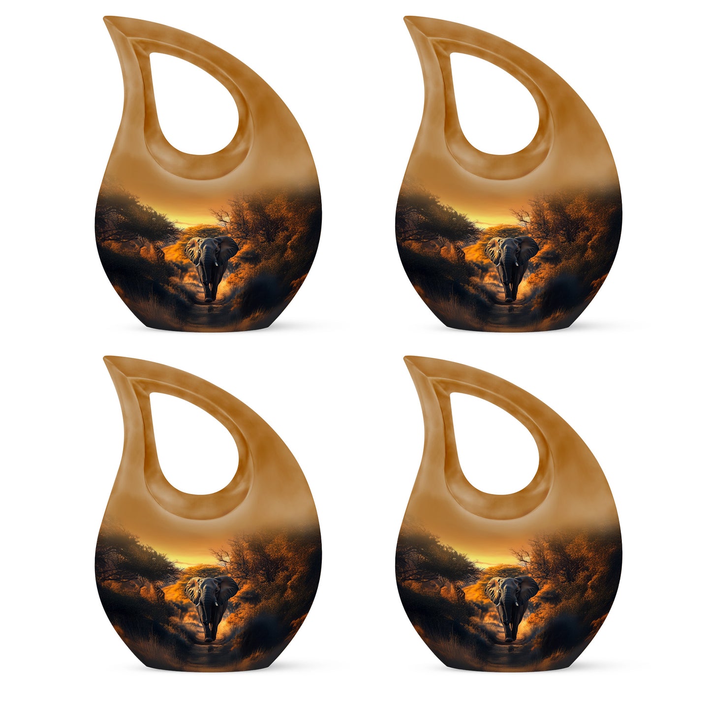 Champagne Gold Elephant Cremation Urn lifestyle display on memorial shelf - cross and elephant combined in spiritual memorial design - 10 inch aluminum urn for cremated remains