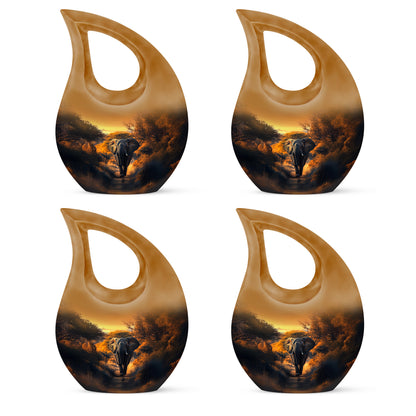Champagne Gold Elephant Cremation Urn lifestyle display on memorial shelf - cross and elephant combined in spiritual memorial design - 10 inch aluminum urn for cremated remains