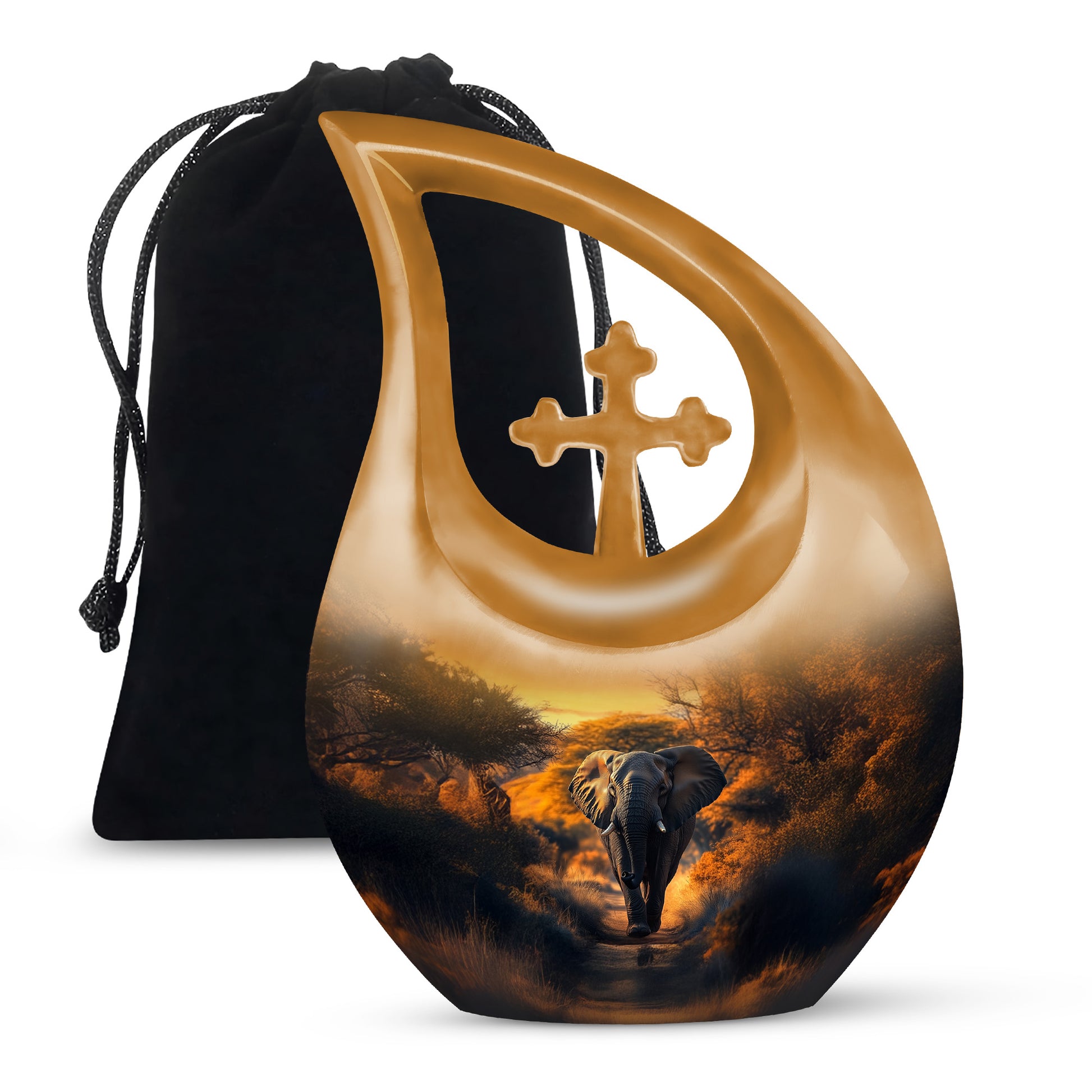 Matte Gold Elephant Cremation Urn top-down view of secure threaded lid - faith-inspired cross-drop urn with elephant pattern - full-size 10 inch 200 cubic inch adult cremation urn