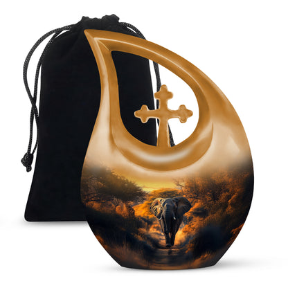 Matte Gold Elephant Cremation Urn top-down view of secure threaded lid - faith-inspired cross-drop urn with elephant pattern - full-size 10 inch 200 cubic inch adult cremation urn