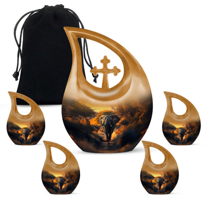Harvest Gold Elephant Cremation Urn urn with complimentary velvet bag - faith-inspired cross-drop urn with elephant pattern - memorial set with one large and four small urns