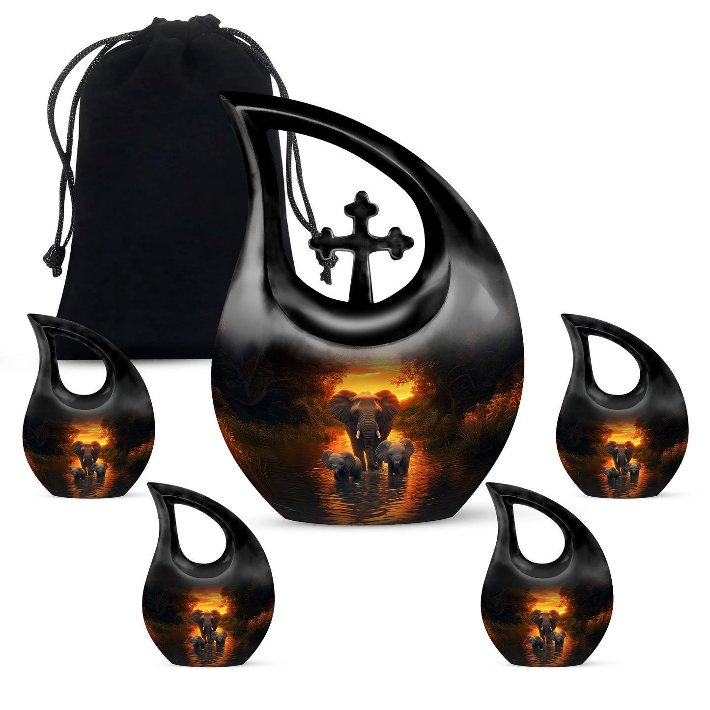 Sunrise Gold Elephant Cremation Urn urn with complimentary velvet bag - cross and elephant combined in spiritual memorial design - memorial set with one large and four small urns