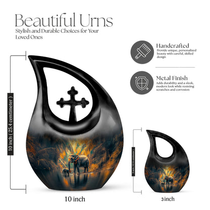 Soft Teal Elephant Cremation Urn back view with polished surface - sacred cross merged with elephant motif on metal - mini keepsake memorial for portion of cremation ashes