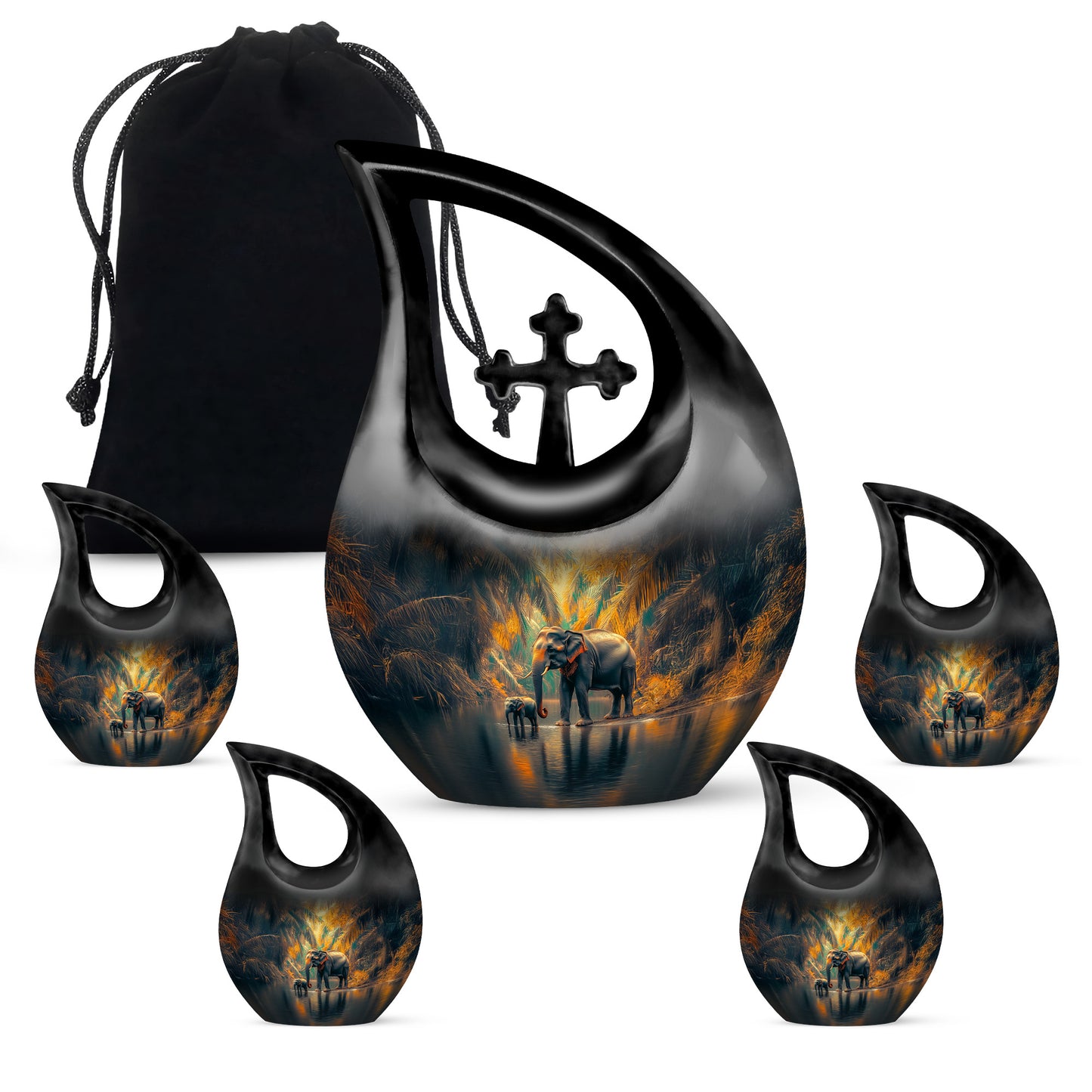 Soft Teal Elephant Cremation Urn urn with complimentary velvet bag - cross and elephant combined in spiritual memorial design - memorial set with one large and four small urns