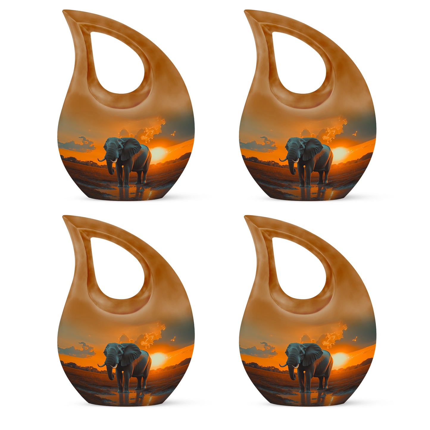 Sunrise Gold Elephant Cremation Urn lifestyle display on memorial shelf - sacred cross merged with elephant motif on metal - 10 inch aluminum urn for cremated remains