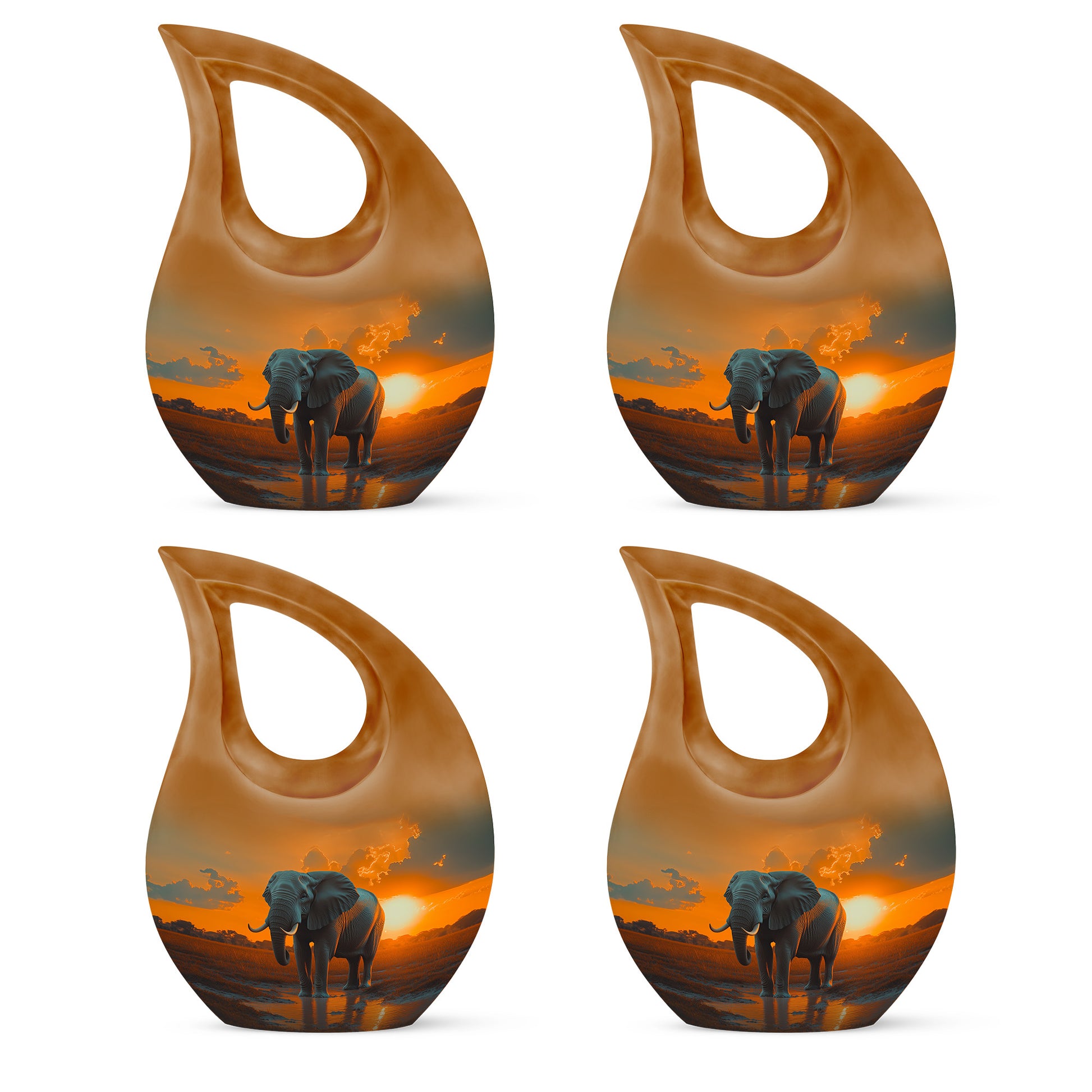 Sunrise Gold Elephant Cremation Urn lifestyle display on memorial shelf - sacred cross merged with elephant motif on metal - 10 inch aluminum urn for cremated remains