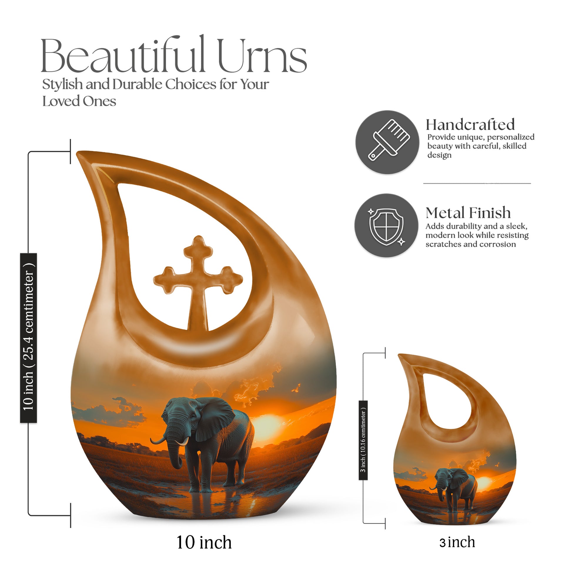 Amber Gold Elephant Cremation Urn back view with polished surface - cross and elephant combined in spiritual memorial design - mini keepsake memorial for portion of cremation ashes