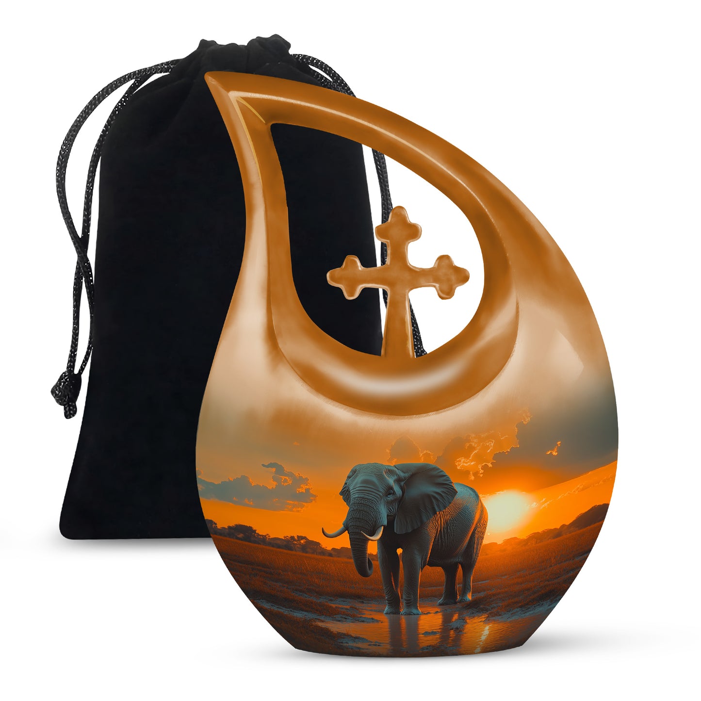 Antique Gold Elephant Cremation Urn top-down view of secure threaded lid - cross and elephant combined in spiritual memorial design - full-size 10 inch 200 cubic inch adult cremation urn