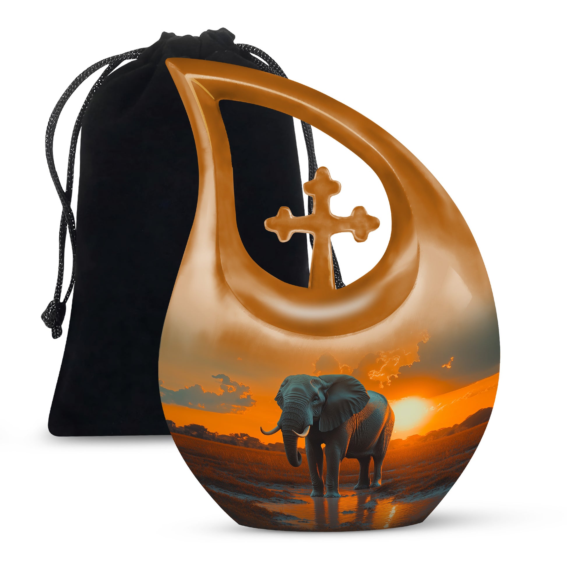 Antique Gold Elephant Cremation Urn top-down view of secure threaded lid - cross and elephant combined in spiritual memorial design - full-size 10 inch 200 cubic inch adult cremation urn