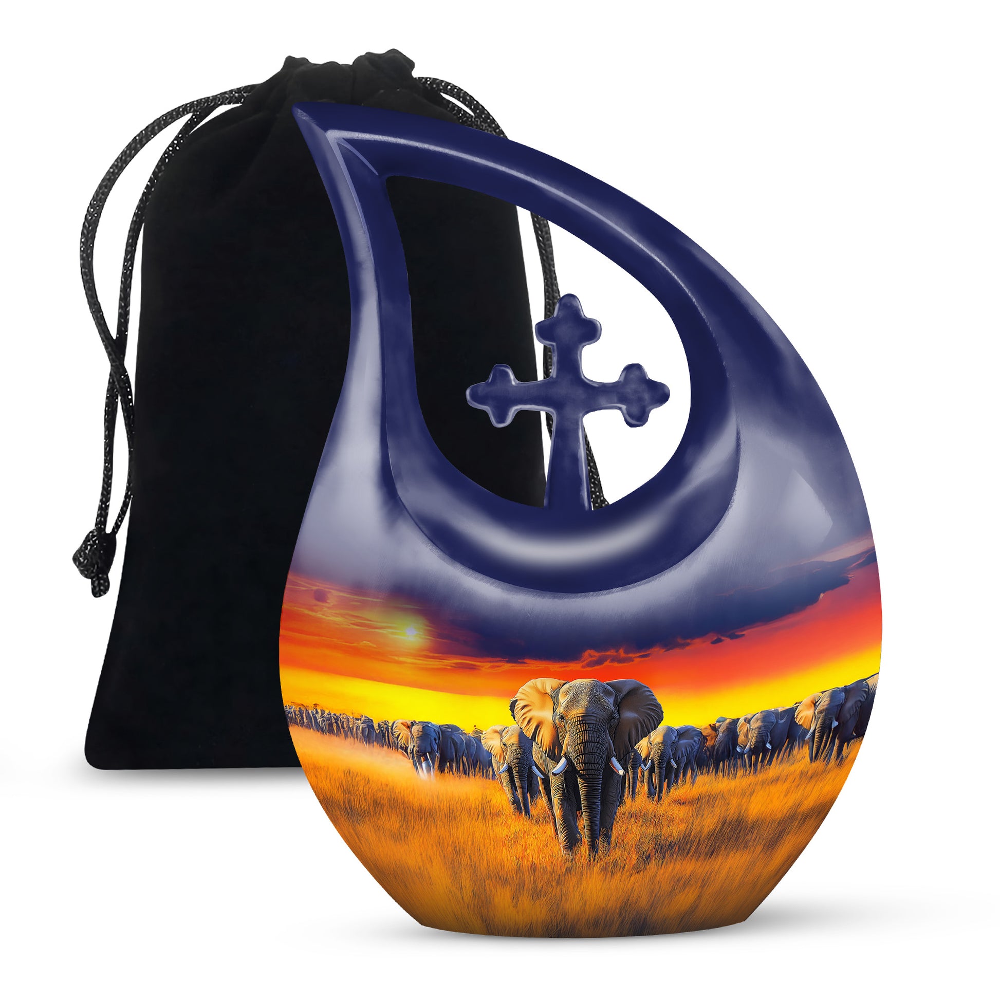 Celestial Blue Elephant Cremation Urn top-down view of secure threaded lid - sacred cross merged with elephant motif on metal - full-size 10 inch 200 cubic inch adult cremation urn