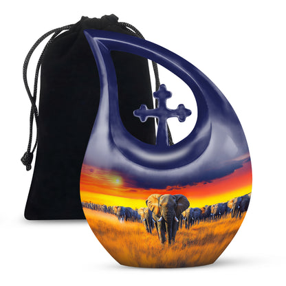 Celestial Blue Elephant Cremation Urn top-down view of secure threaded lid - sacred cross merged with elephant motif on metal - full-size 10 inch 200 cubic inch adult cremation urn