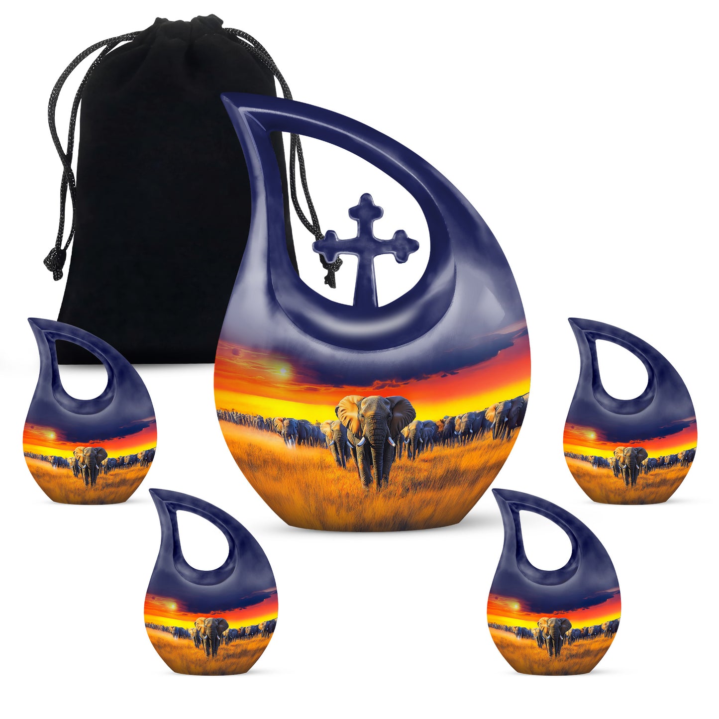 Steel Blue Elephant Cremation Urn urn with complimentary velvet bag - devotional cross-drop elephant engraving - memorial set with one large and four small urns
