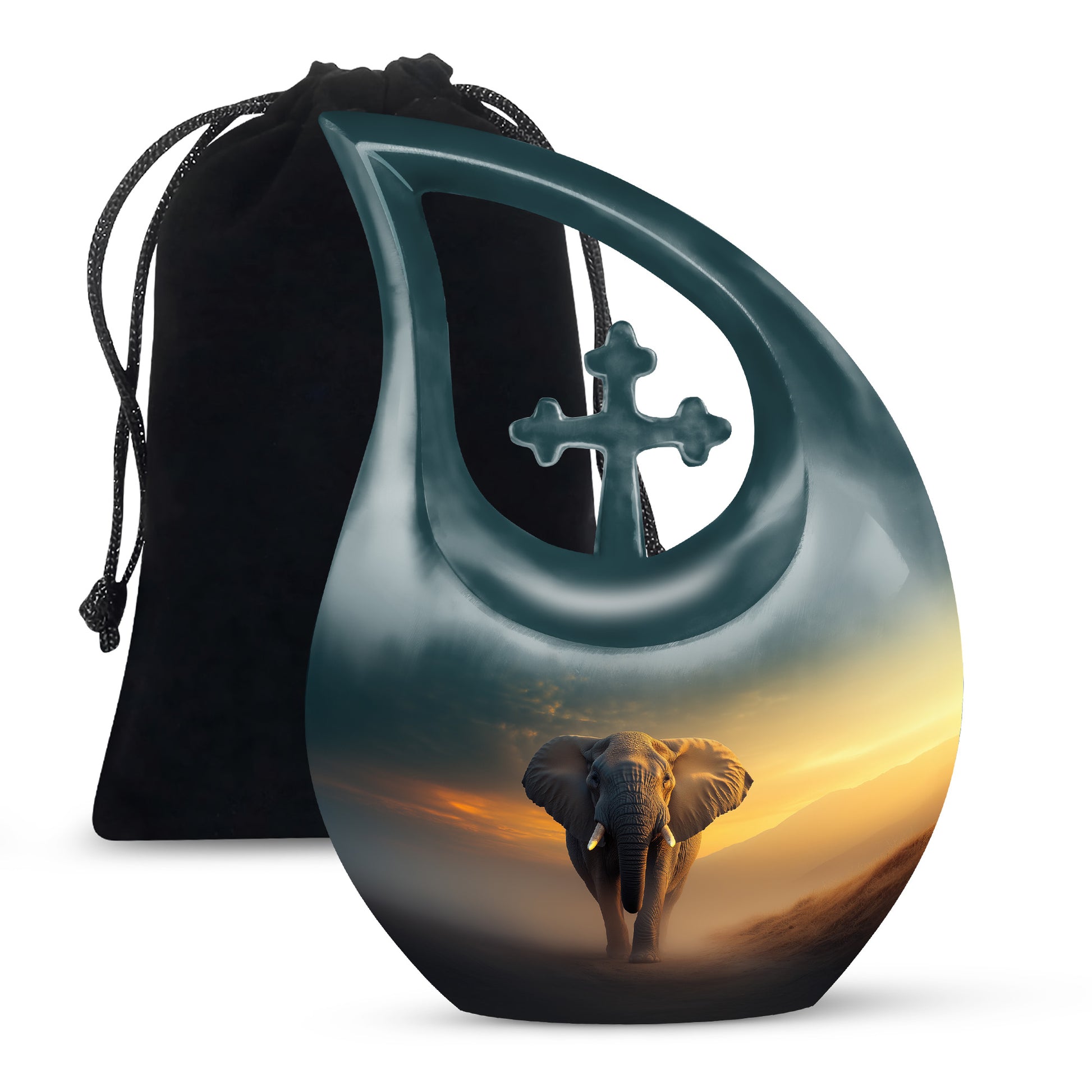 Glossy Black Elephant Cremation Urn top-down view of secure threaded lid - sacred cross merged with elephant motif on metal - full-size 10 inch 200 cubic inch adult cremation urn