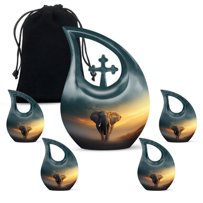 Onyx Black Elephant Cremation Urn urn with complimentary velvet bag - devotional cross-drop elephant engraving - memorial set with one large and four small urns