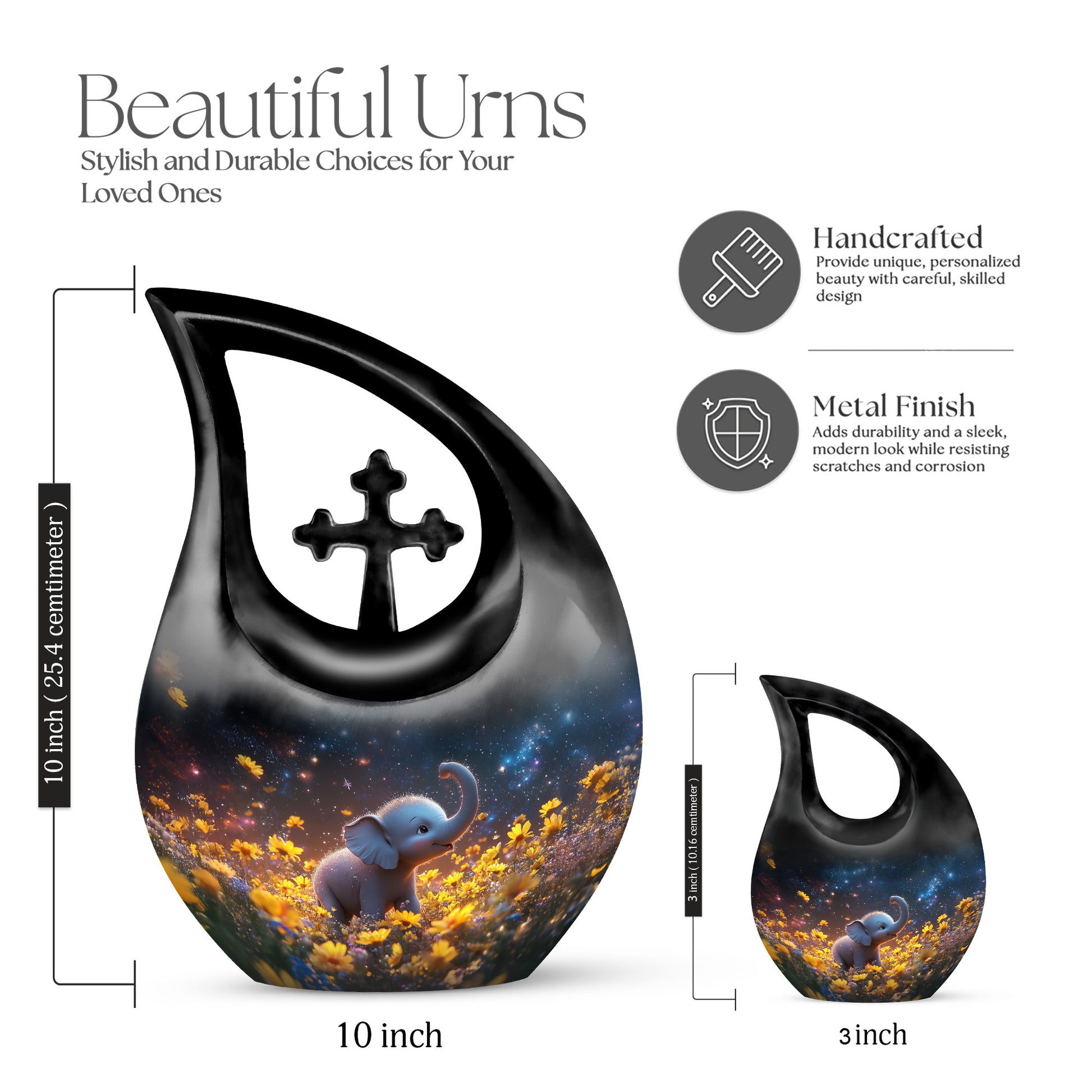 Dusty Blue Elephant Cremation Urn back view with polished surface - cross and elephant combined in spiritual memorial design - mini keepsake memorial for portion of cremation ashes