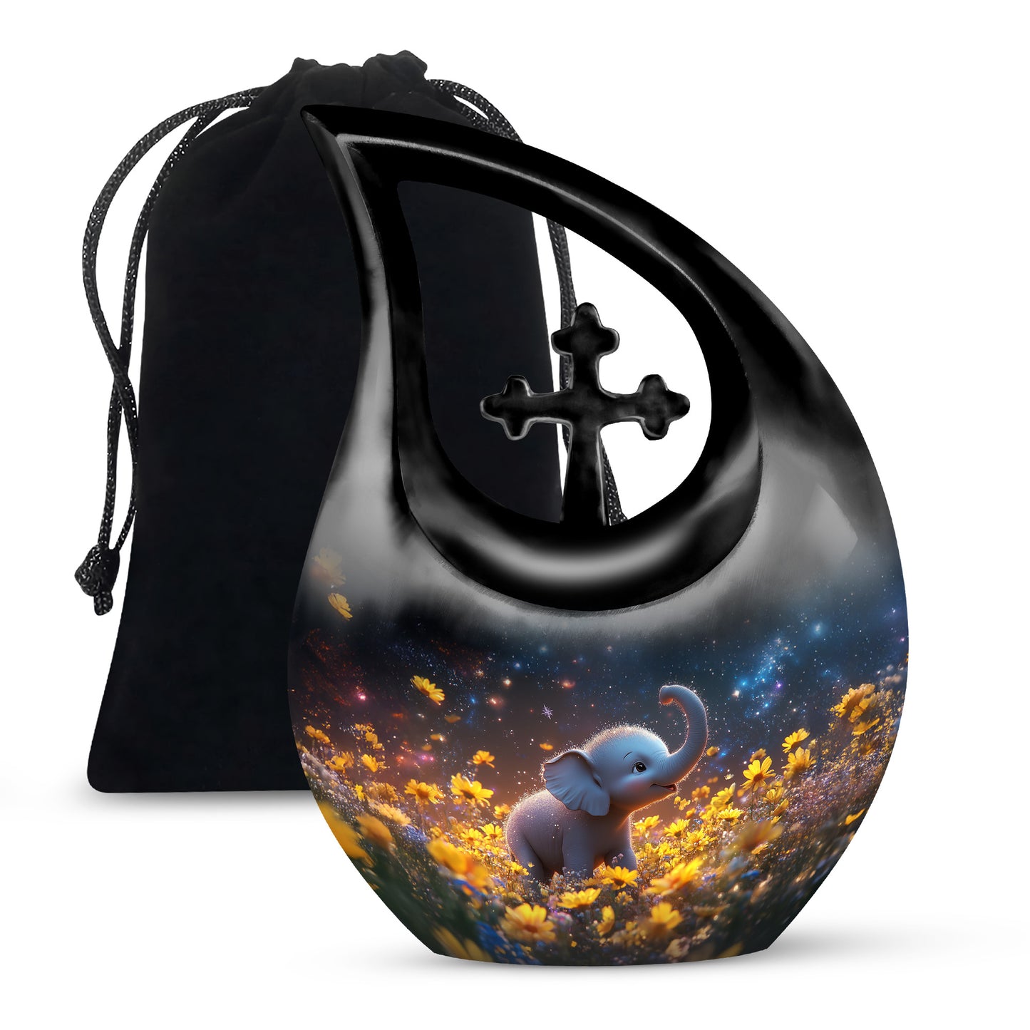 Celestial Blue Elephant Cremation Urn top-down view of secure threaded lid - sacred cross merged with elephant motif on metal - full-size 10 inch 200 cubic inch adult cremation urn