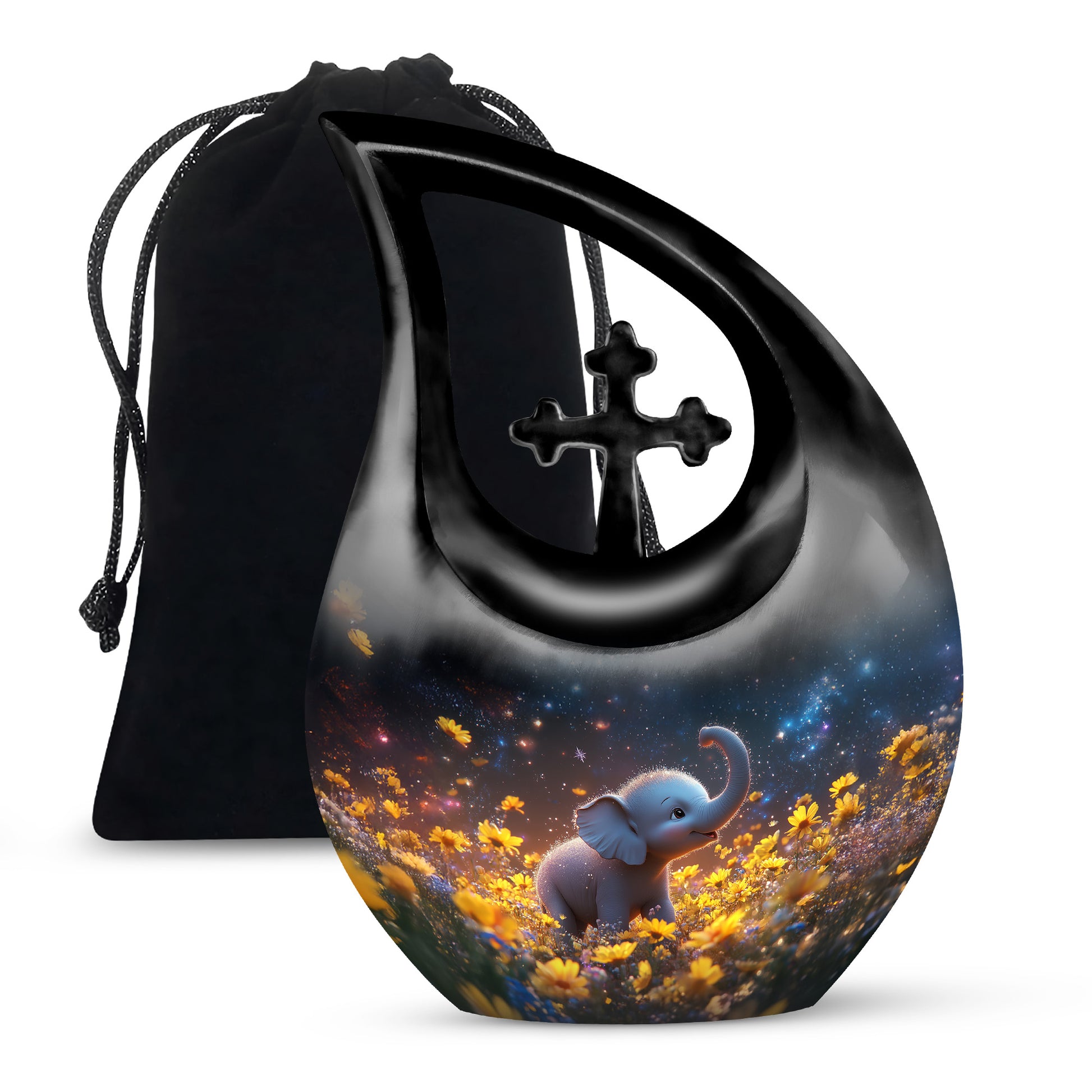 Celestial Blue Elephant Cremation Urn top-down view of secure threaded lid - sacred cross merged with elephant motif on metal - full-size 10 inch 200 cubic inch adult cremation urn