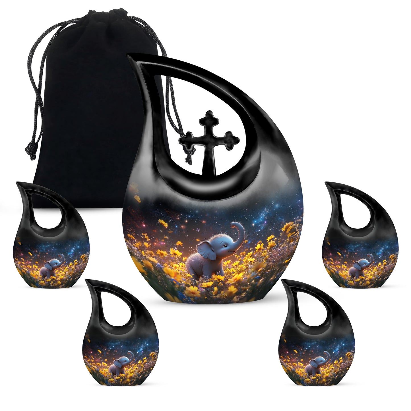 Slate Blue Elephant Cremation Urn urn with complimentary velvet bag - cross and elephant combined in spiritual memorial design - memorial set with one large and four small urns