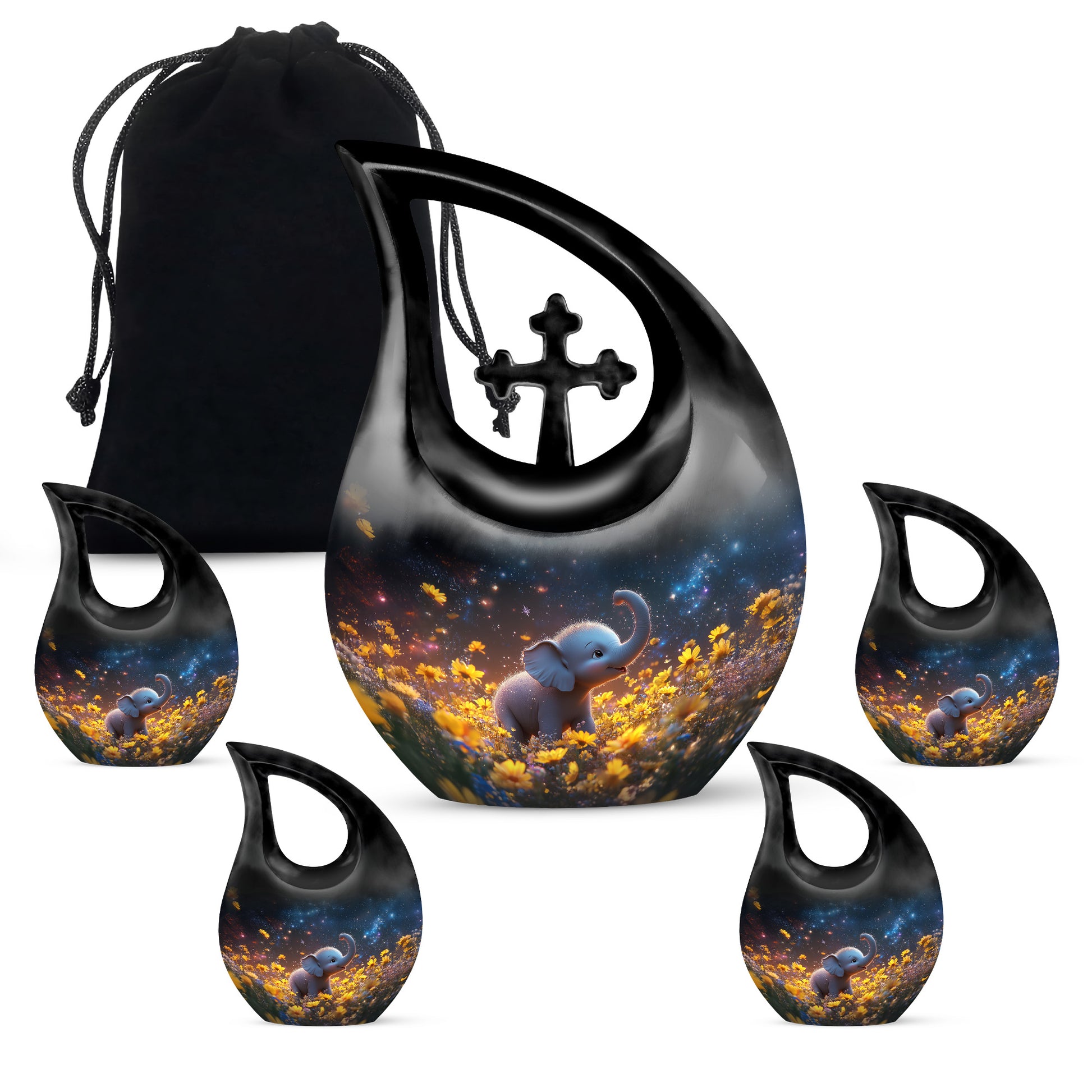 Slate Blue Elephant Cremation Urn urn with complimentary velvet bag - cross and elephant combined in spiritual memorial design - memorial set with one large and four small urns