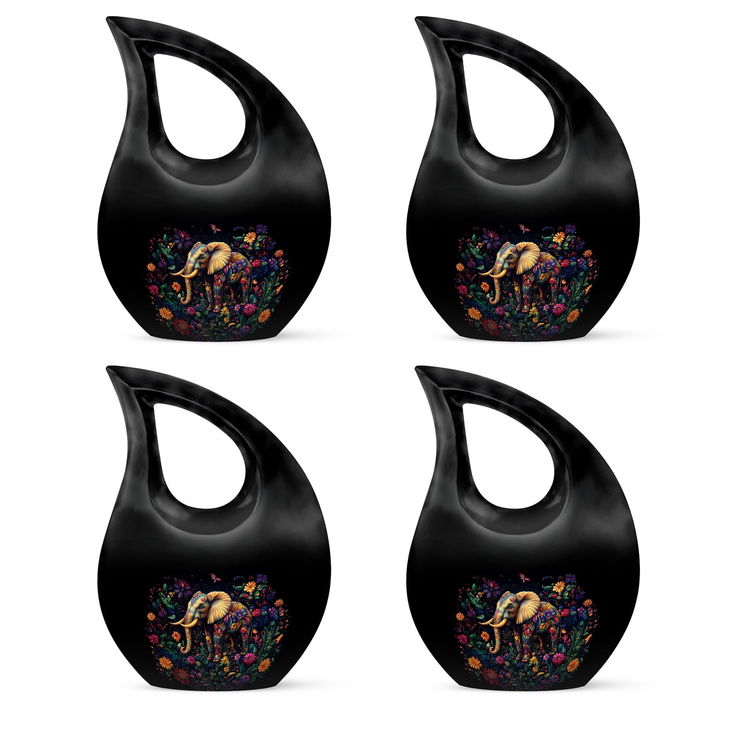 Dark Black Elephant Cremation Urn lifestyle display on memorial shelf - devotional cross-drop elephant engraving - 10 inch aluminum urn for cremated remains