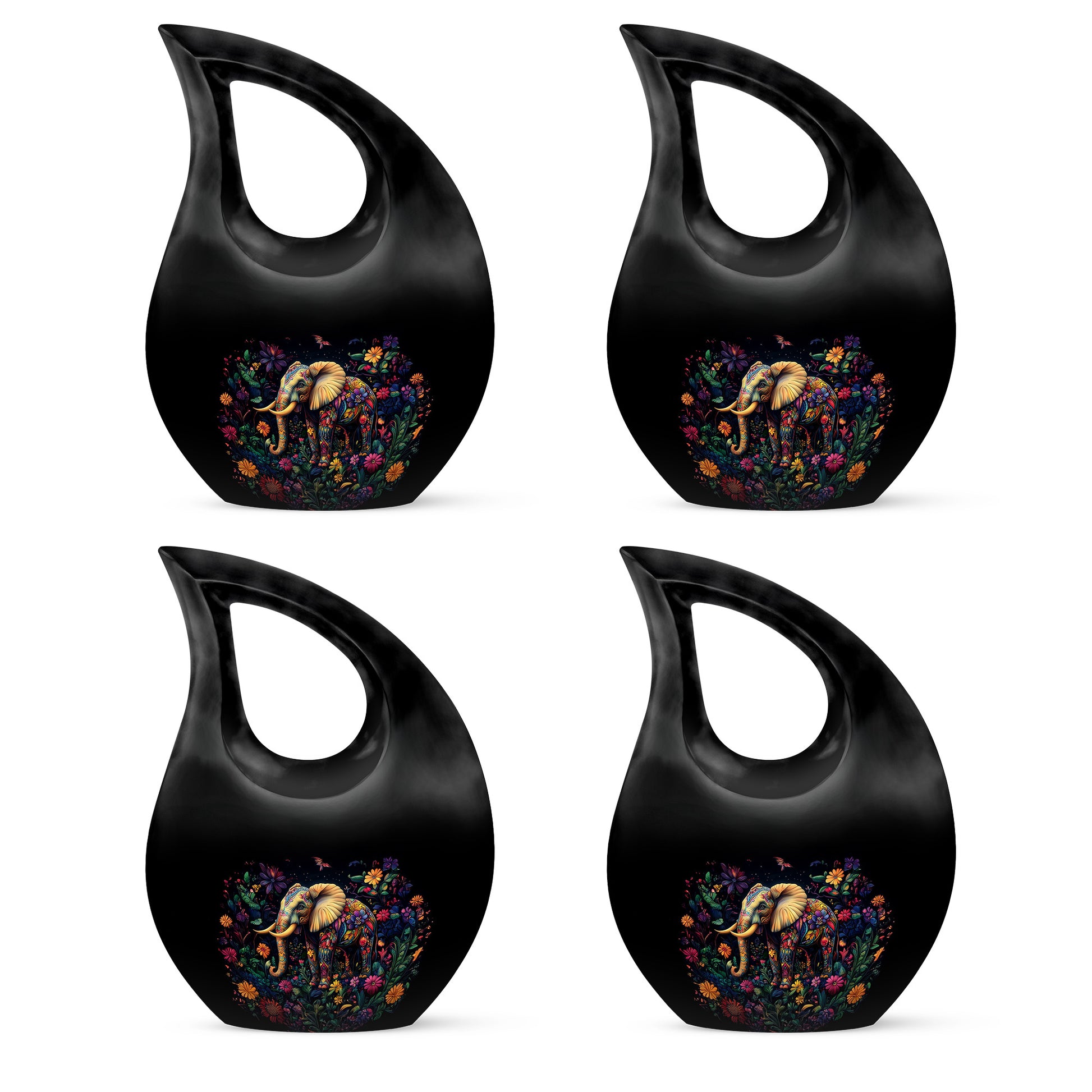 Dark Black Elephant Cremation Urn lifestyle display on memorial shelf - devotional cross-drop elephant engraving - 10 inch aluminum urn for cremated remains
