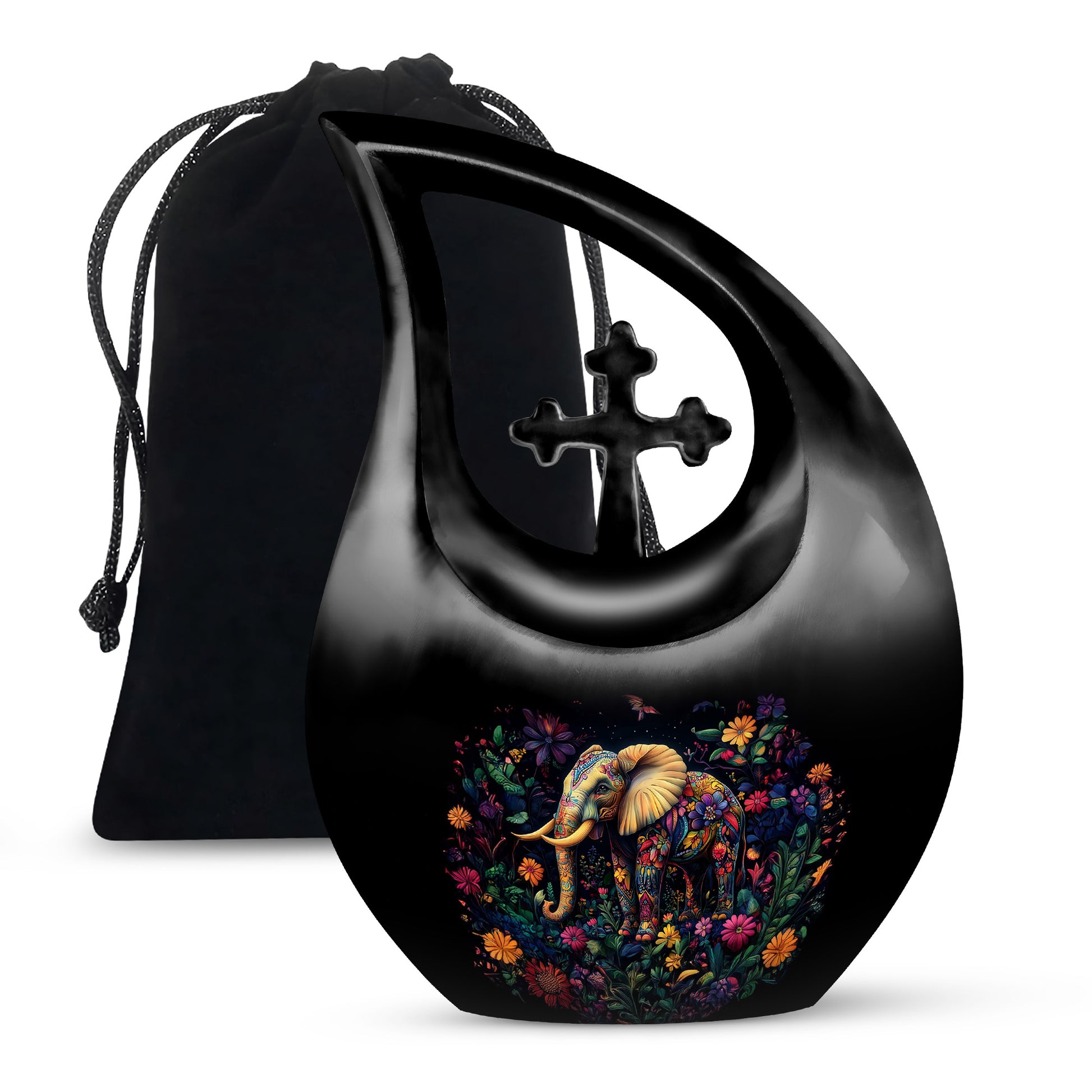 Glossy Black Elephant Cremation Urn top-down view of secure threaded lid - cross and elephant combined in spiritual memorial design - full-size 10 inch 200 cubic inch adult cremation urn