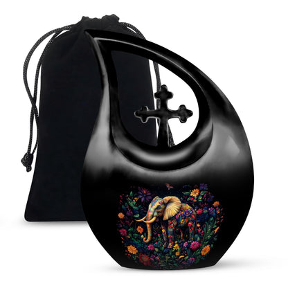Glossy Black Elephant Cremation Urn top-down view of secure threaded lid - cross and elephant combined in spiritual memorial design - full-size 10 inch 200 cubic inch adult cremation urn