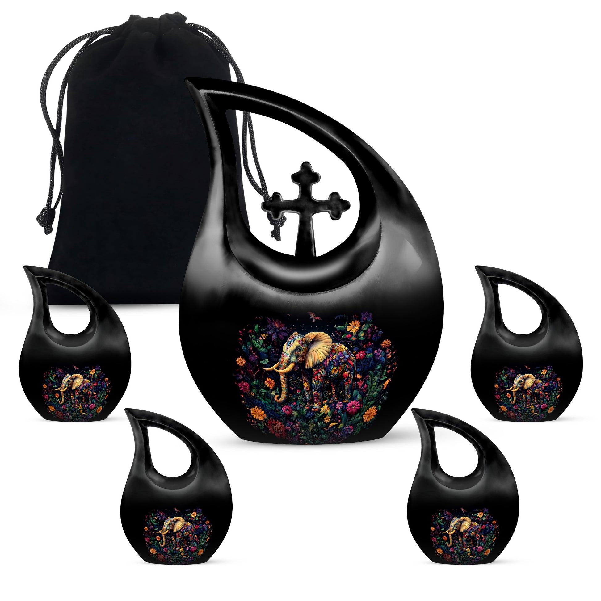 Deep Black Elephant Cremation Urn urn with complimentary velvet bag - cross and elephant combined in spiritual memorial design - memorial set with one large and four small urns