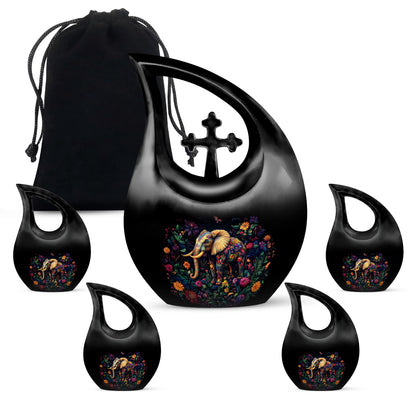 Deep Black Elephant Cremation Urn urn with complimentary velvet bag - cross and elephant combined in spiritual memorial design - memorial set with one large and four small urns