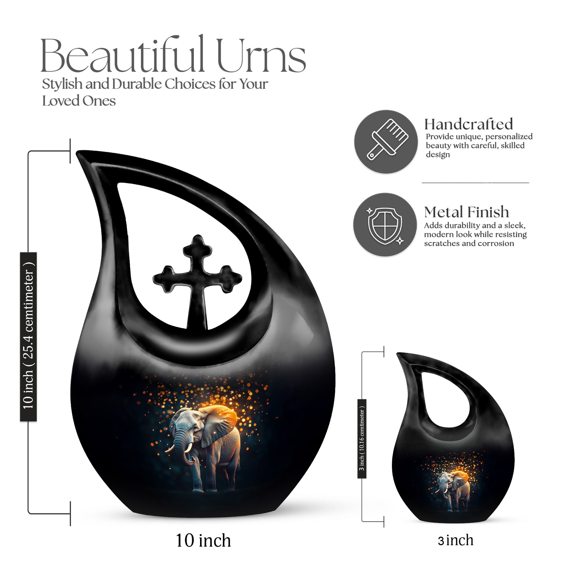 Onyx Black Elephant Cremation Urn back view with polished surface - faith-inspired cross-drop urn with elephant pattern - mini keepsake memorial for portion of cremation ashes